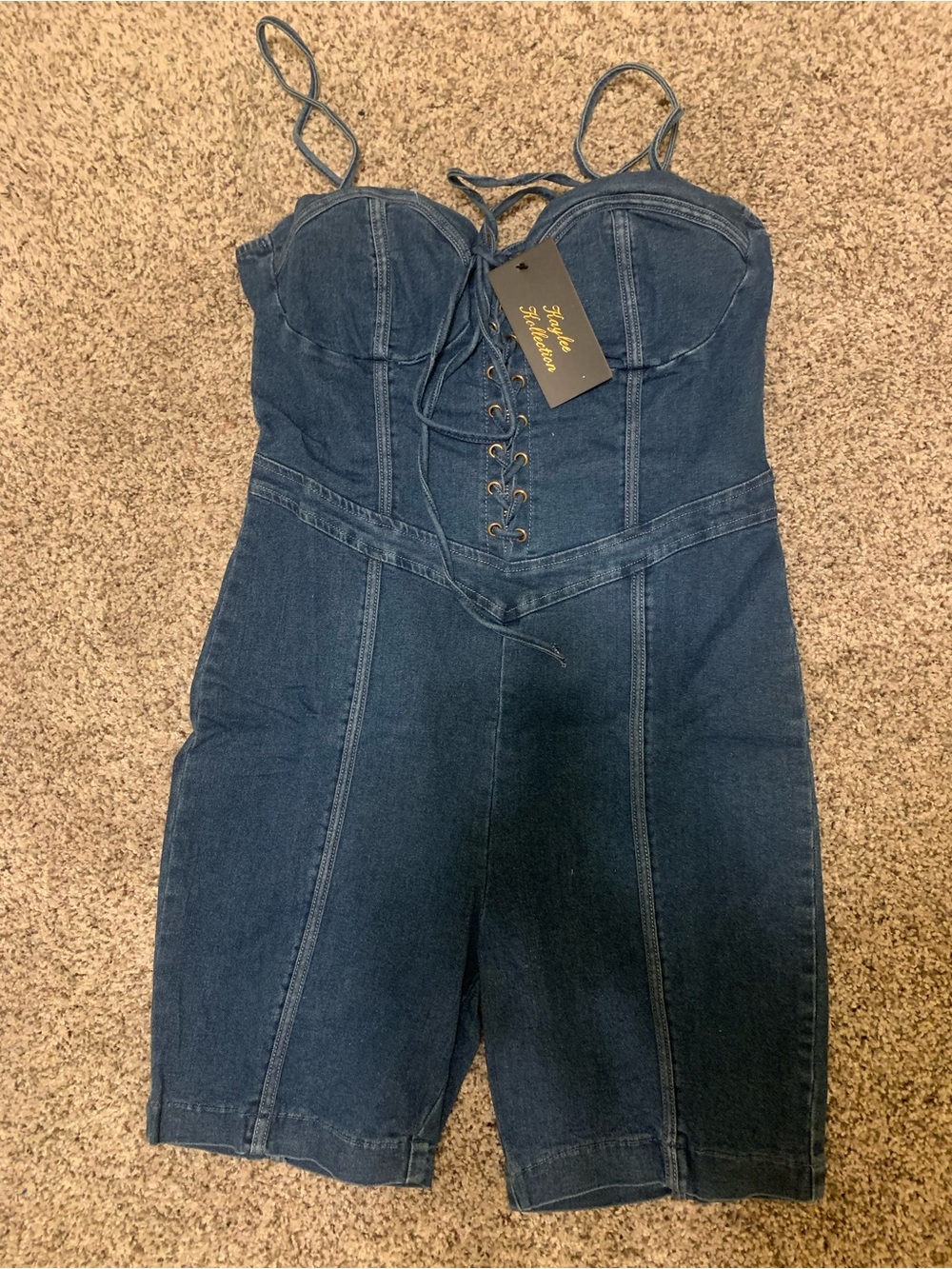 Dark Blue Denim Lace-Up Bustier Romper